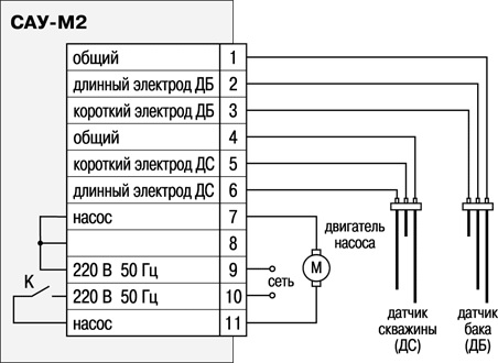 Cхема подключения САУ-М2 с двумя датчиками