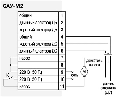 Cхема подключения САУ-М2 с одним датчиком