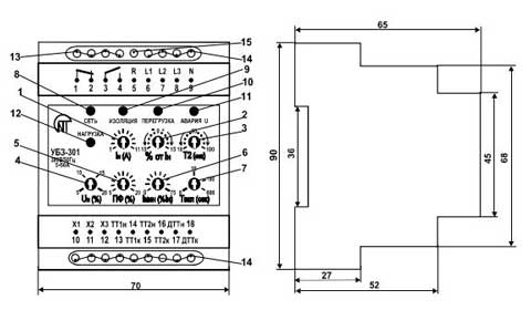 Размеры и обозначения блока защиты электродвигателя УБЗ-301